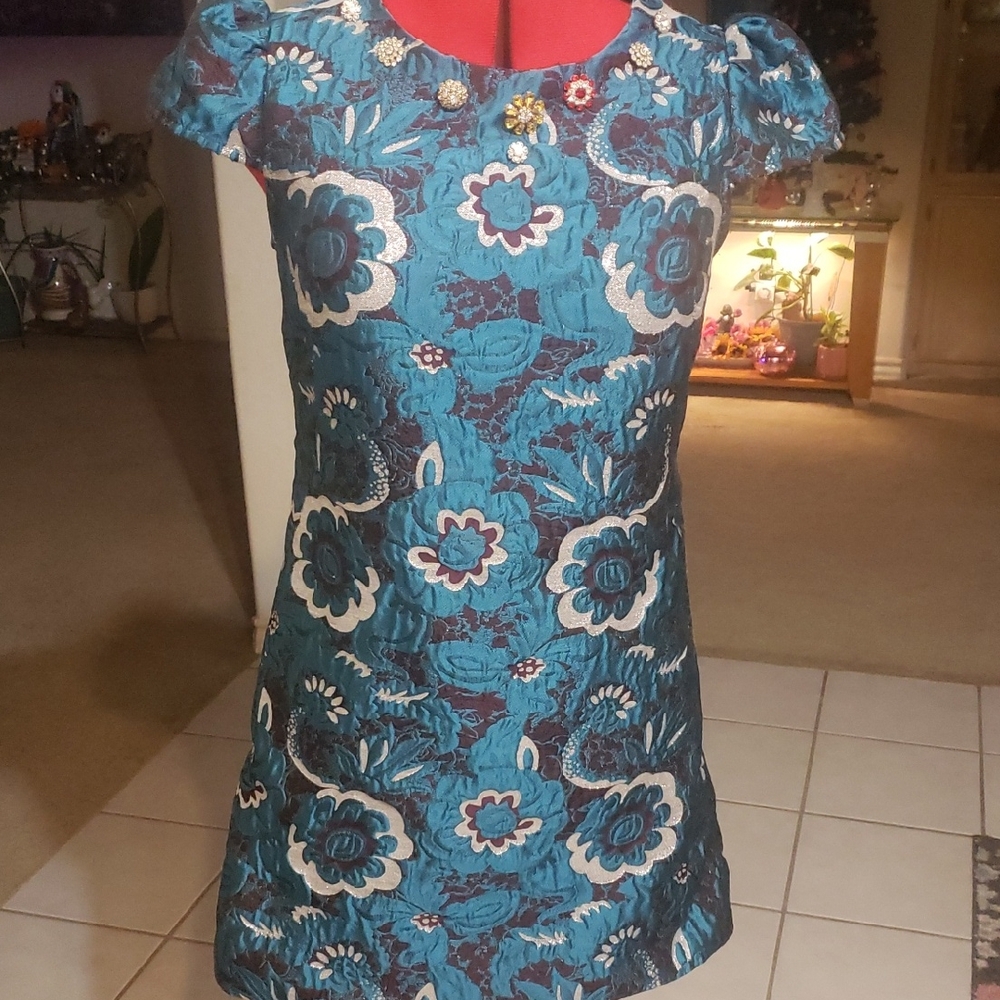 Brocade  Dress With Rhinestone Button Detail